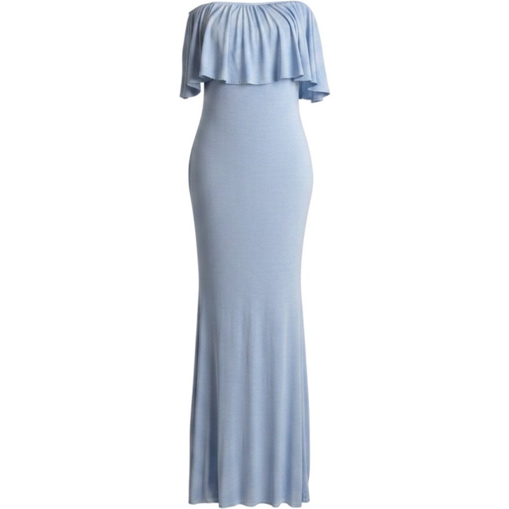 Maternitiy PinkBlush Light Blue Off Shoulder Ruffle Maxi Dress Small Made in USA